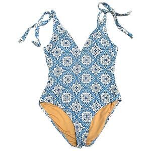 J.Crew Blue White Tile Print One Piece Swimsuit Women’s L Tie Straps Resort